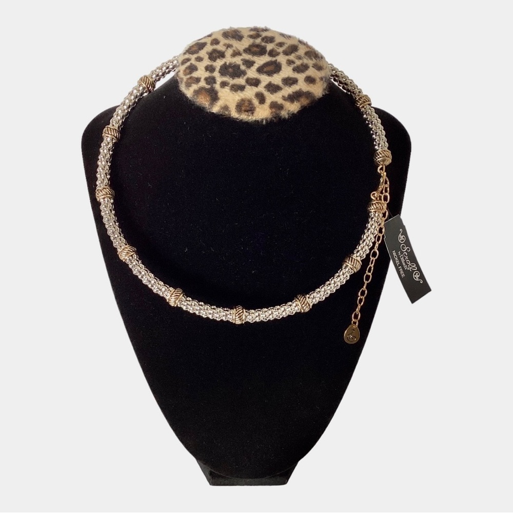 Scroll Gold And Silver Tone Metal Wire Statement Collar Necklace Crystal Accents - Picture 2 of 13